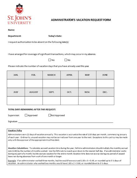 request vacation form for administrators - manage employee vacation requests by month template