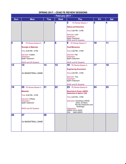 spring fe review sessions schedule template