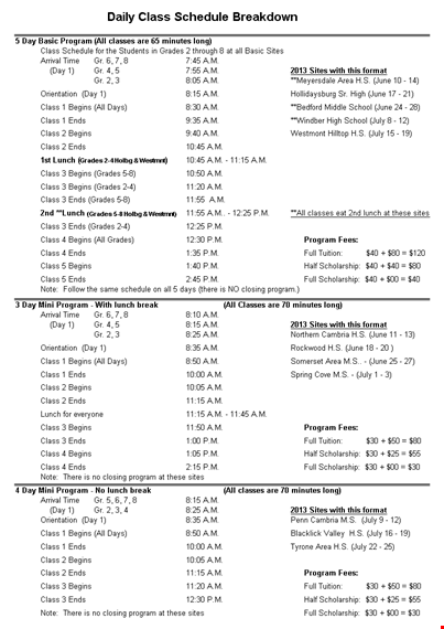 daily class schedule template excel template