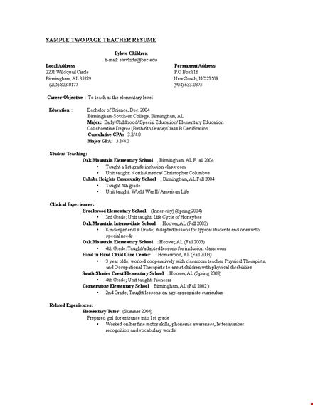 elementary education teacher resume template