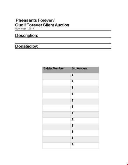 forever pheasants & quail silent auction bid sheet template