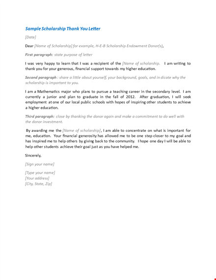 scholarship thank you letter example template