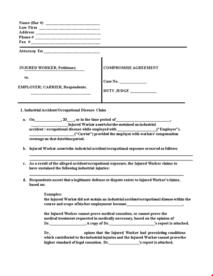 injured at work? get a settlement agreement | industrial & occupational accidents template