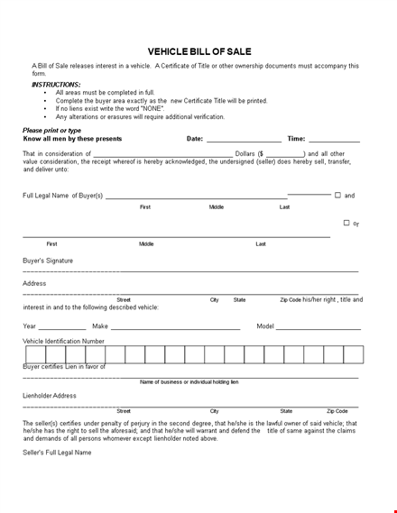 blank bill of sale template - legal vehicle title transfer for seller and buyer template