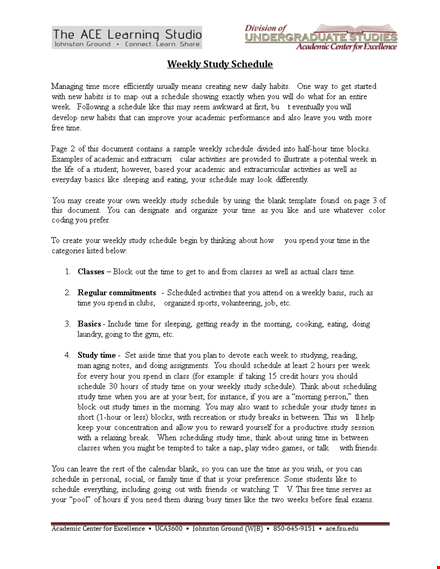 hourly study schedule template template