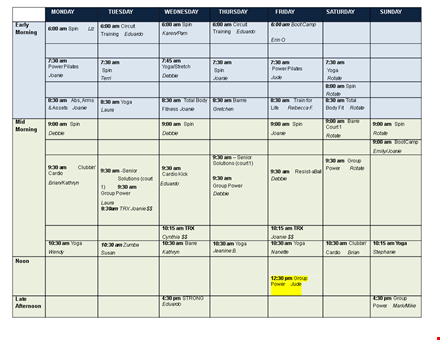 group fitness calendar template