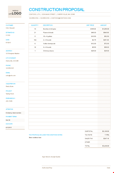 customizable construction proposal template - contoso & cherryville template