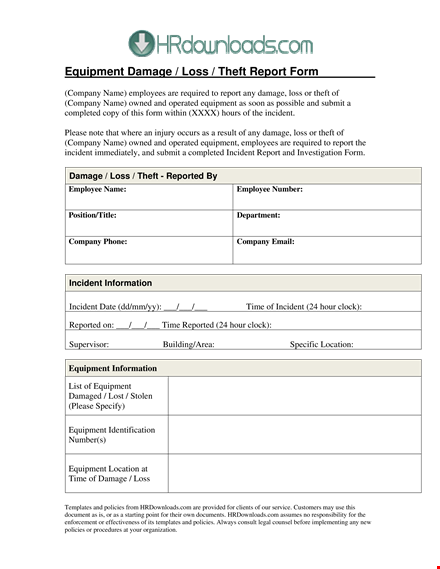 equipment damage report template template