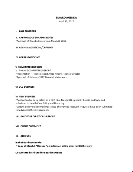 sample board agenda format - approval, finance report | march board meeting template