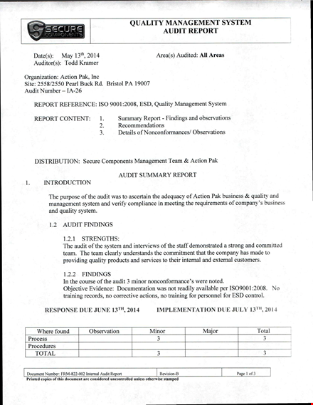 quality management system audit report template