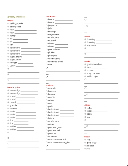 printable grocery checklist template template