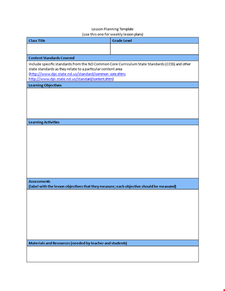 lesson plan template for common state standards template