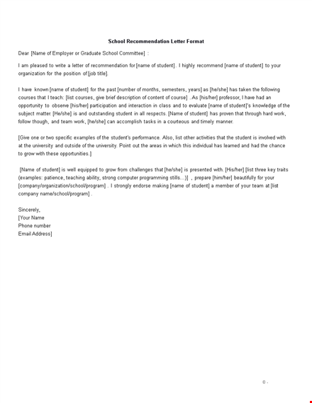 school recommendation letter format template