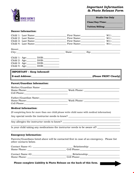 secure photo release form for children's dance - protecting personal information template