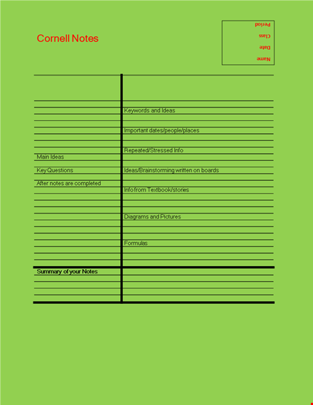 cornell notes template - capture important ideas with keywords template