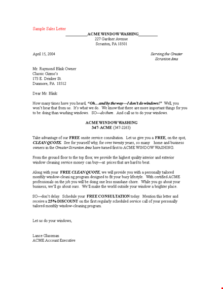 professional sales letter for windows washing in scranton template