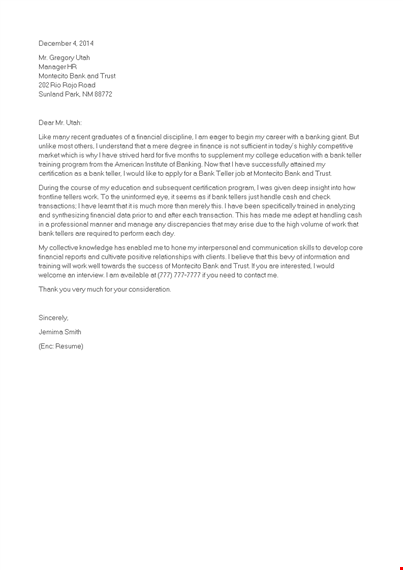 sample entry level cover letter for financial teller | montecito trust template