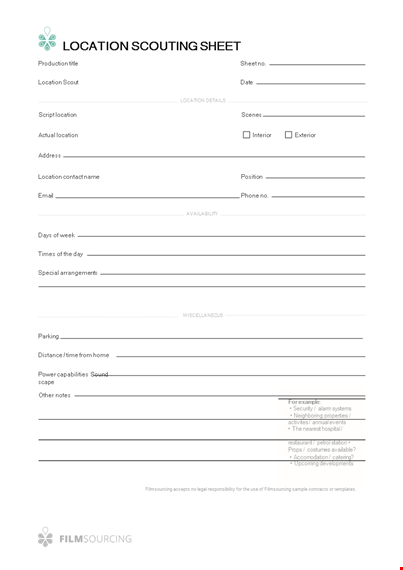 professional call sheet - manage production and location scouting with filmsourcing template