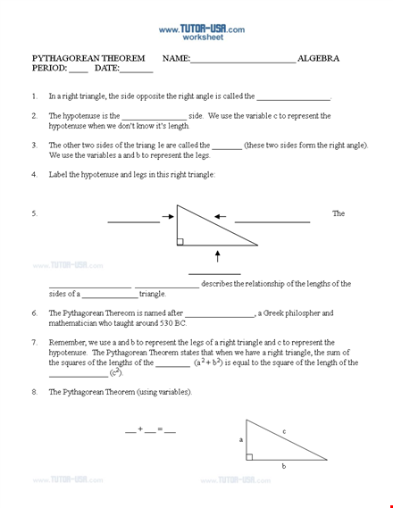 pythagorean theorem: calculate the length of sides in a right triangle template