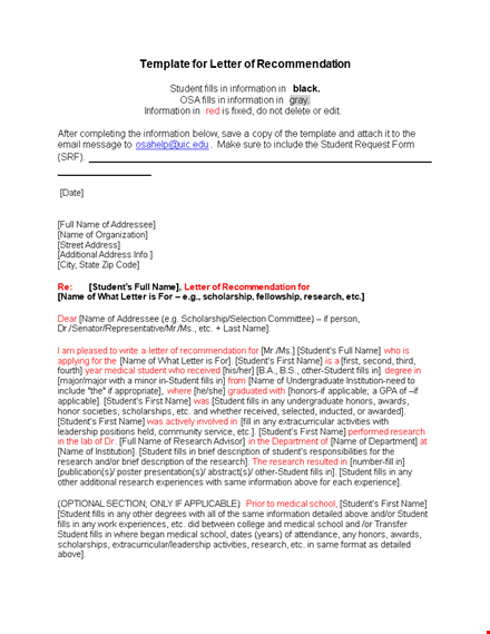 teacher recommendation letter template: guidance for research, student information fill-ins template