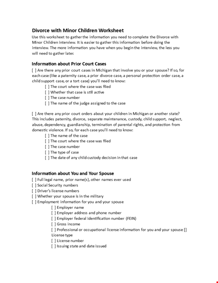 divorce with minor children worksheet template