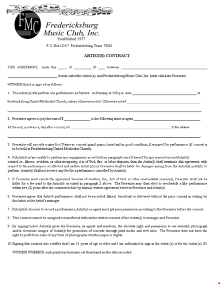 music artist contract template - performance, artist, presenter in fredericksburg template