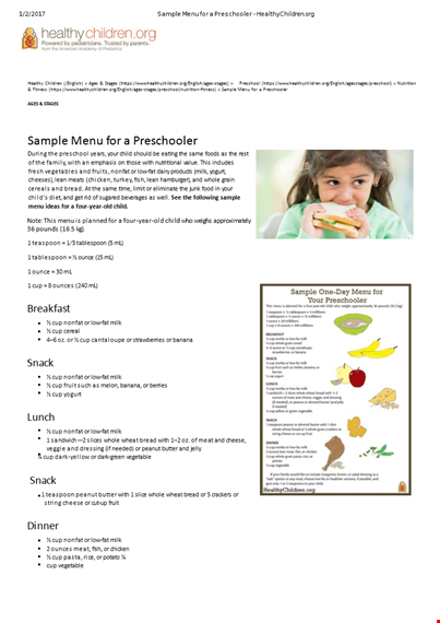 preschool meal plan template - english pages for healthy children template