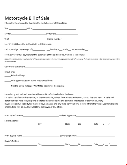 printable motorcycle bill of sale template template