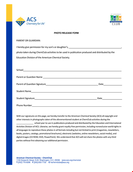 photo release form for parents and guardians | chemclub template