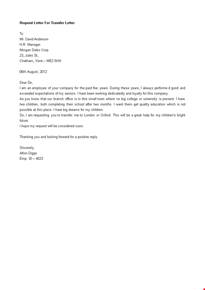 request for employee transfer letter template template