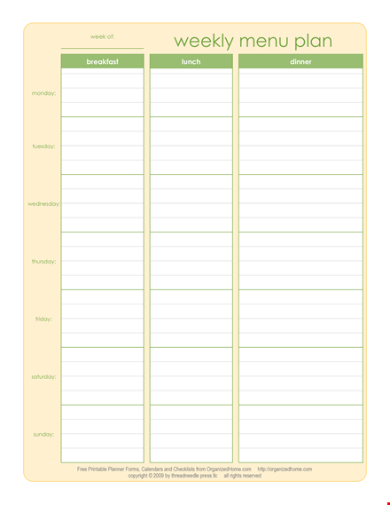 weekly meal plan template for an organized home | breakfast ideas template