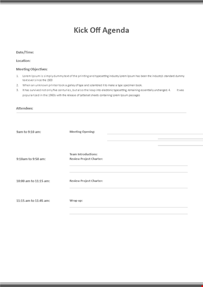 effective kick off agenda template | lorem ipsum | dummy | typesetting template