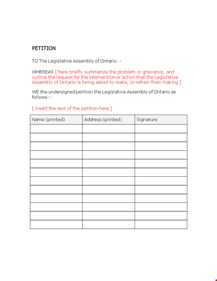 printed assembly petition template for legislative use in ontario template