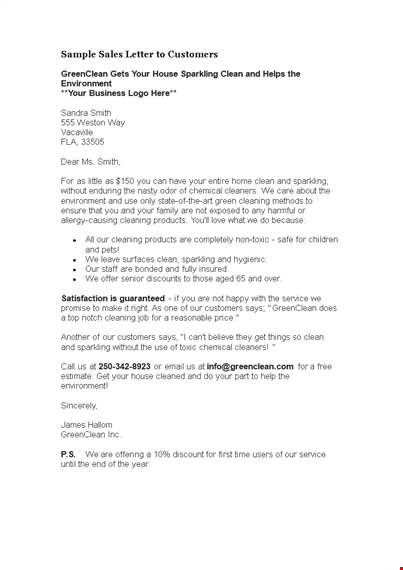 sparkling sales letter template for clean and green customers template