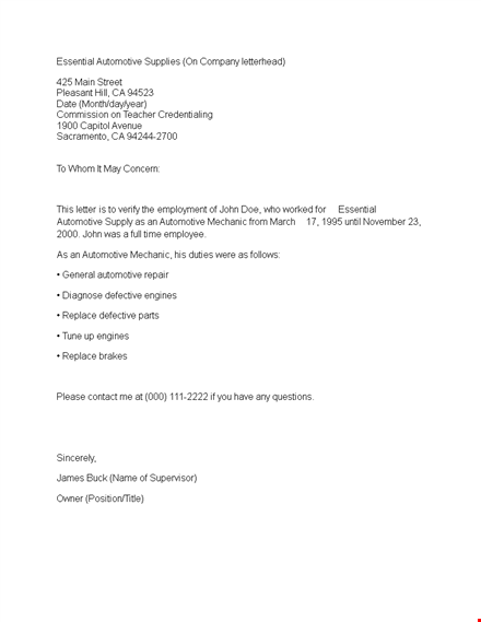 proof of employment letter for automotive mechanics | essential engine defective evidence template