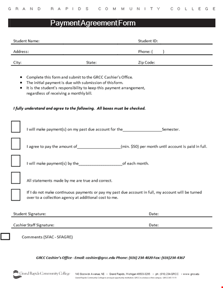 payment agreement template for students - manage account with cashier template