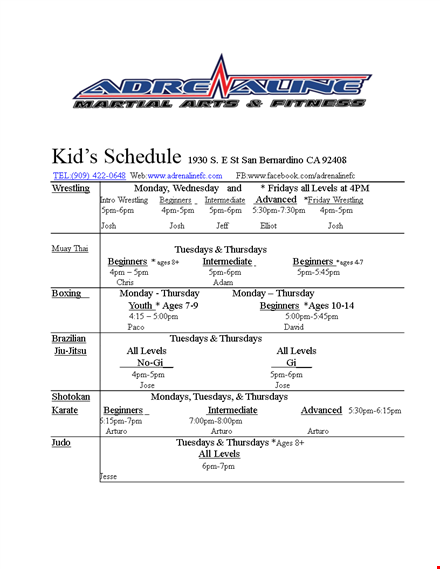 kid's class schedule template