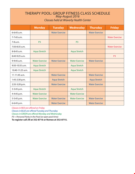 fitness therapy schedule template - water, exercise classes, stretch template