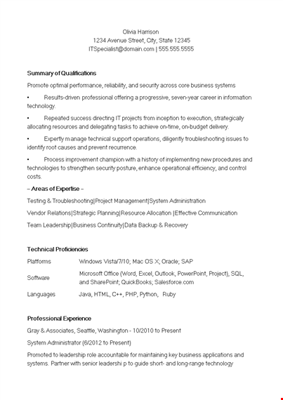 sample professional it resume template