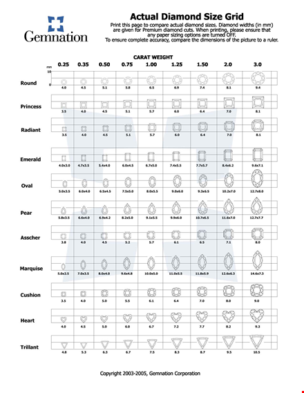 diamond size chart - compare carat weight and shape template