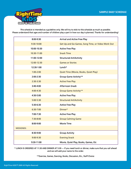 kid's daily schedule template template