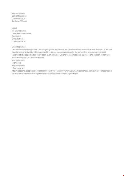 free formal resignation letter template