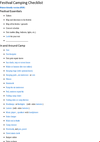 festival camping checklist template