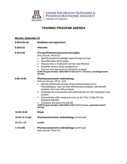 training program agenda: analysis, numbers, and pharmacoeconomic program template