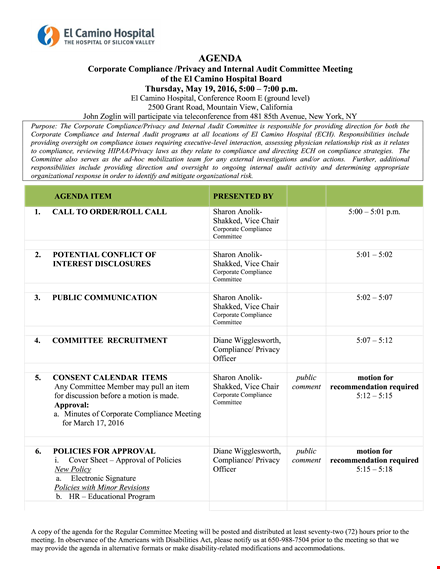 corporate meeting agenda format template