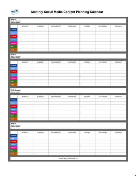 sample social media content calendar: plan and organize your social media strategy template