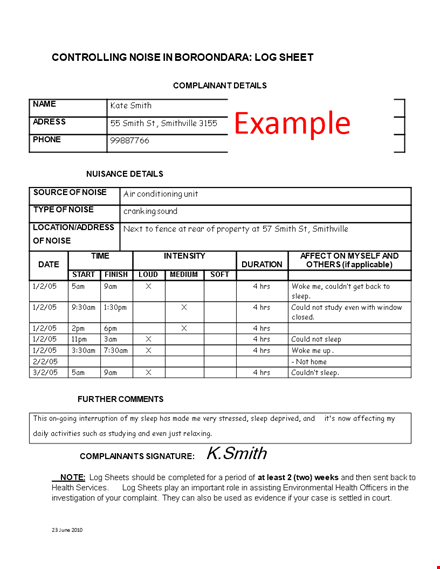 noise log sheet for effective monitoring and analysis template