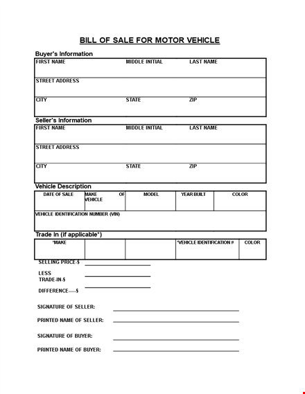 printable new vehicle bill of sale form template