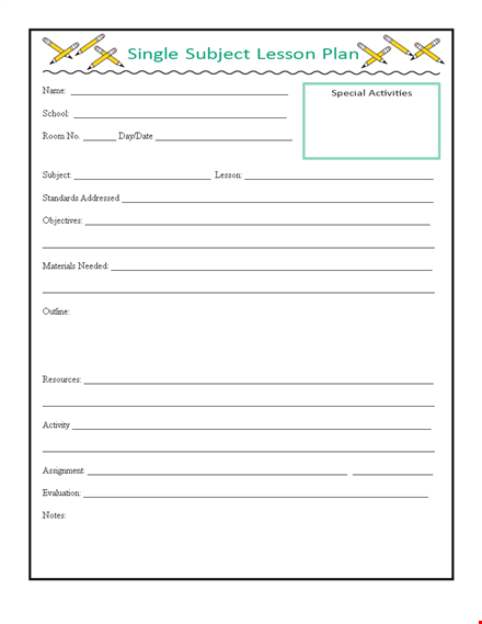 one subject lesson plan template template