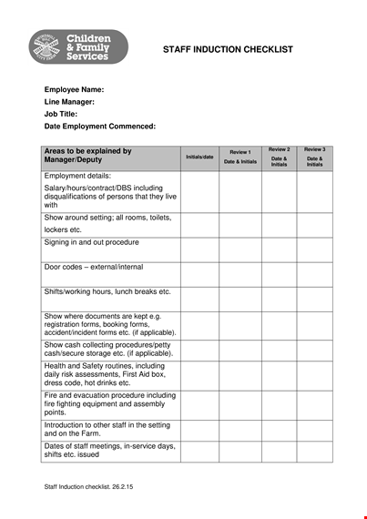 staff induction checklist sample template